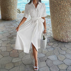 White midi dress, short sleeves, V-neck, button front, tie waist, patch pockets