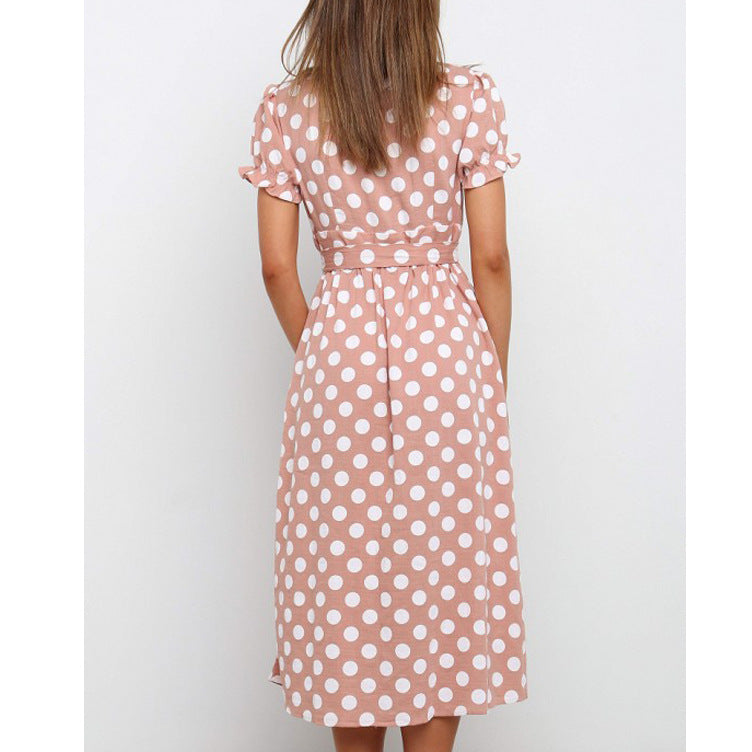 Women's Summer V Neck Ruffle Sleeve Single Breasted Waist Controlled Lace Up Polka Dot Dress