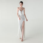 Women's Corset Sequin Beaded Slit Evening Maxi Dress