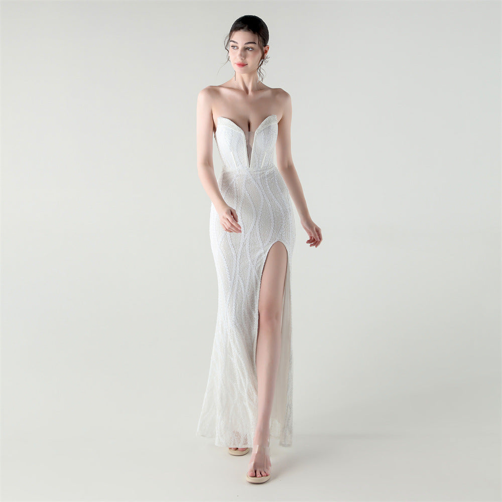 Women's Corset Sequin Beaded Slit Evening Maxi Dress