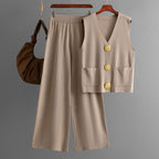 Summer Sleeveless Button Knitted Top Solid Color Casual Wide Leg Pants Two-Piece Set