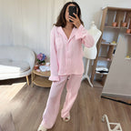 Spring Summer Double Layer Wrinkle Yarn Cotton Skin Friendly Striped Long Sleeve Seamed Lotus Leaf Edge Trousers Set Home Wear
