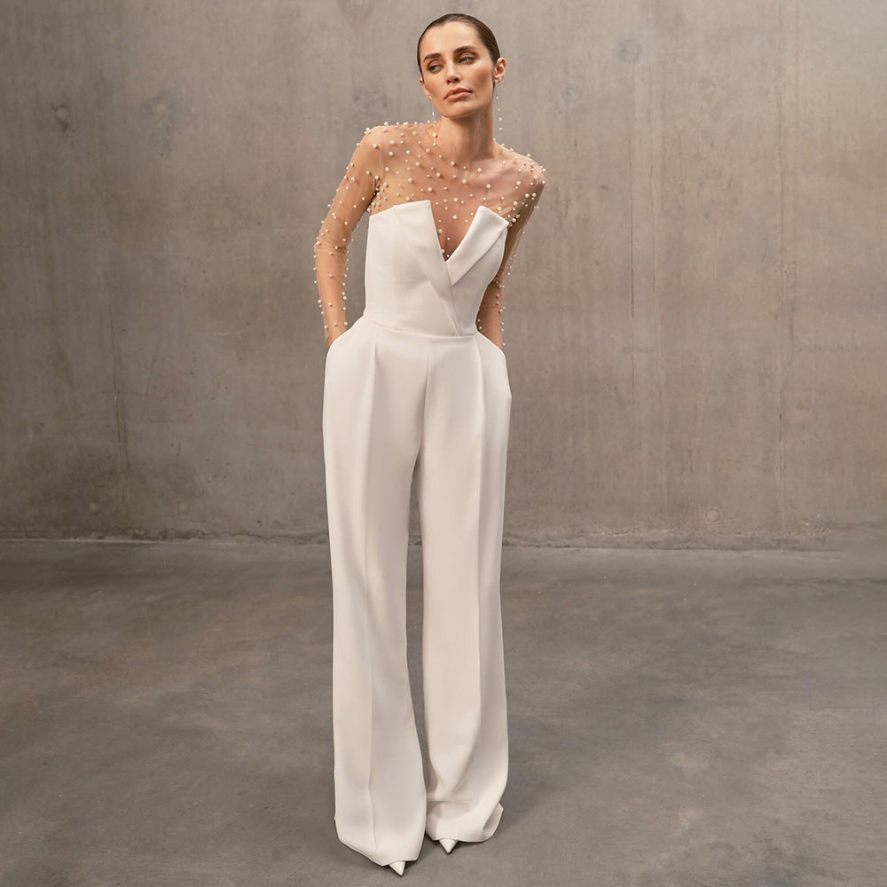 Women's Summer Bubble Beads Jumpsuit White Jumpsuit Casual Two Piece Suit Without Belt