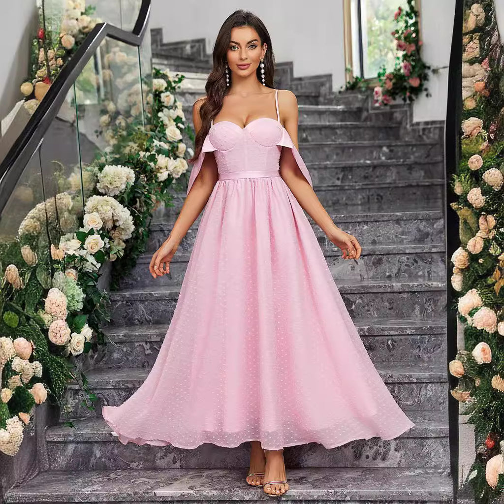 Women's Pink Jacquard Spaghetti Strap Formal Dress