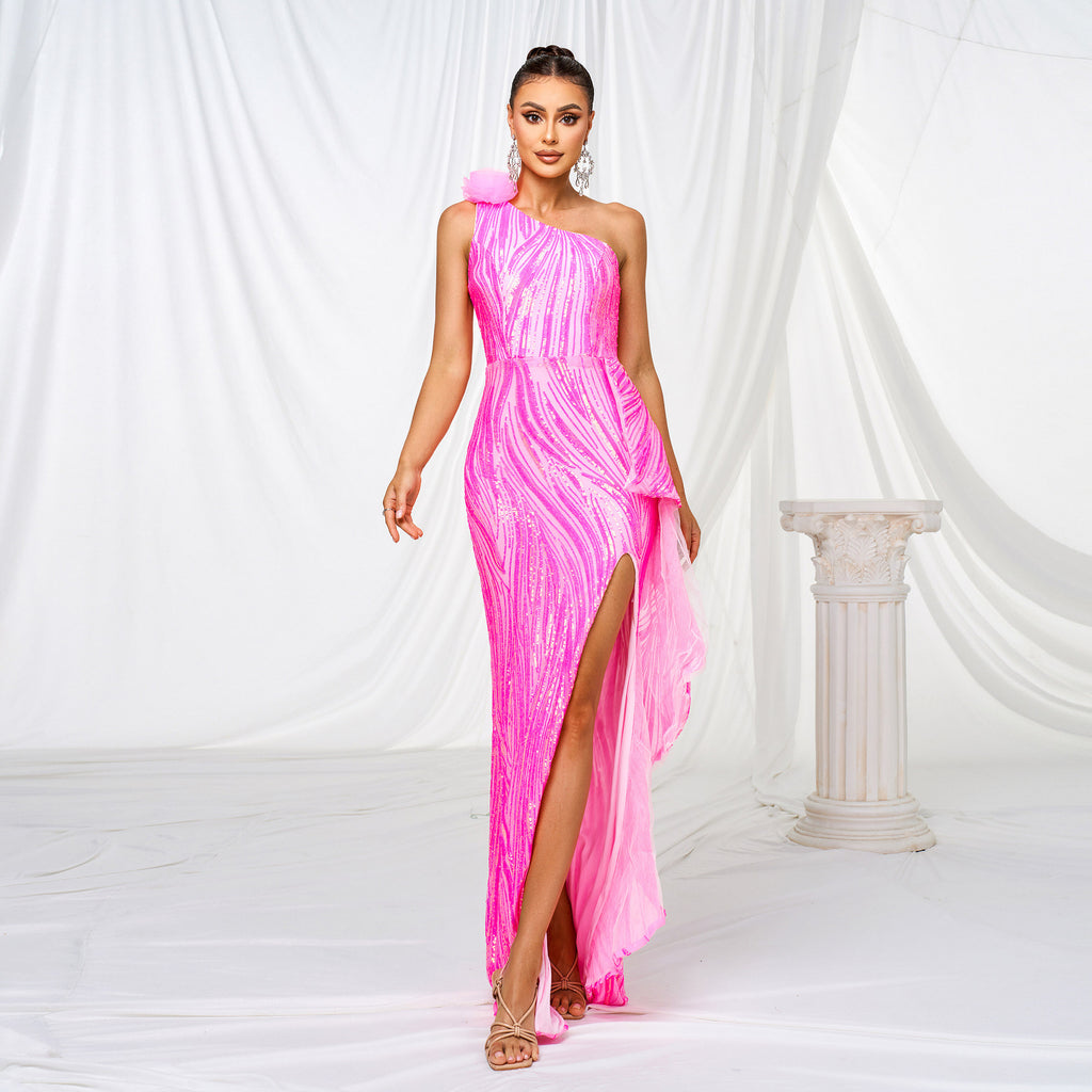 Women's One-Shoulder Sequin Split Evening Dress