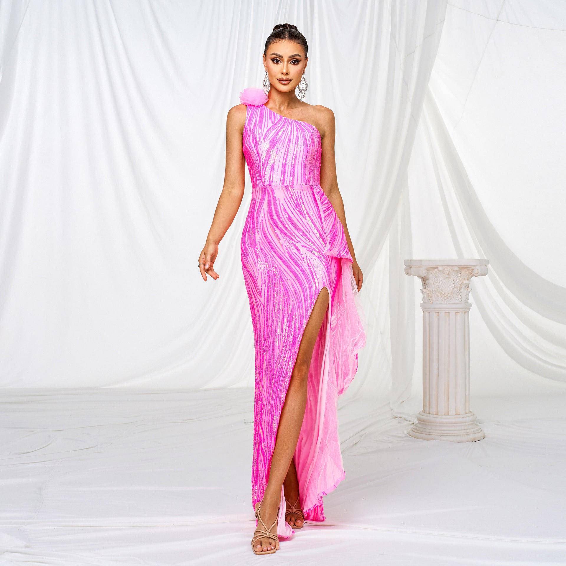 Women's One-Shoulder Sequin Split Evening Dress