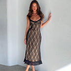 Women's Sexy Lace Detail Chest Bow Adult Lady Like Woman Mid Length Strap Dress Women