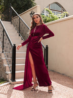Women's Mock-Neck Satin Split Long-Sleeve Evening Dress