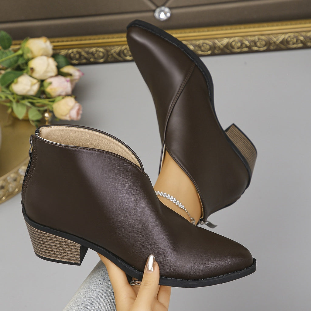 Women's Mid Heel Retro Soft Leather Short Martin Boots Women Western Pointed Toe Back Zipper Chunky Heel Leather Boots