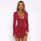 V-Neck Long-Sleeve Ruched A-Line Mini Dress
