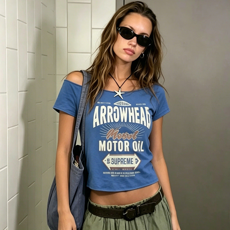 Summer Women Clothing Retro Street Letter Graphic Printed Short Cropped Short Sleeved Top