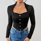 Women's Top Slim Women Clothing Autumn Winter Long Sleeve Faux Button Black Lace See Through Stitching