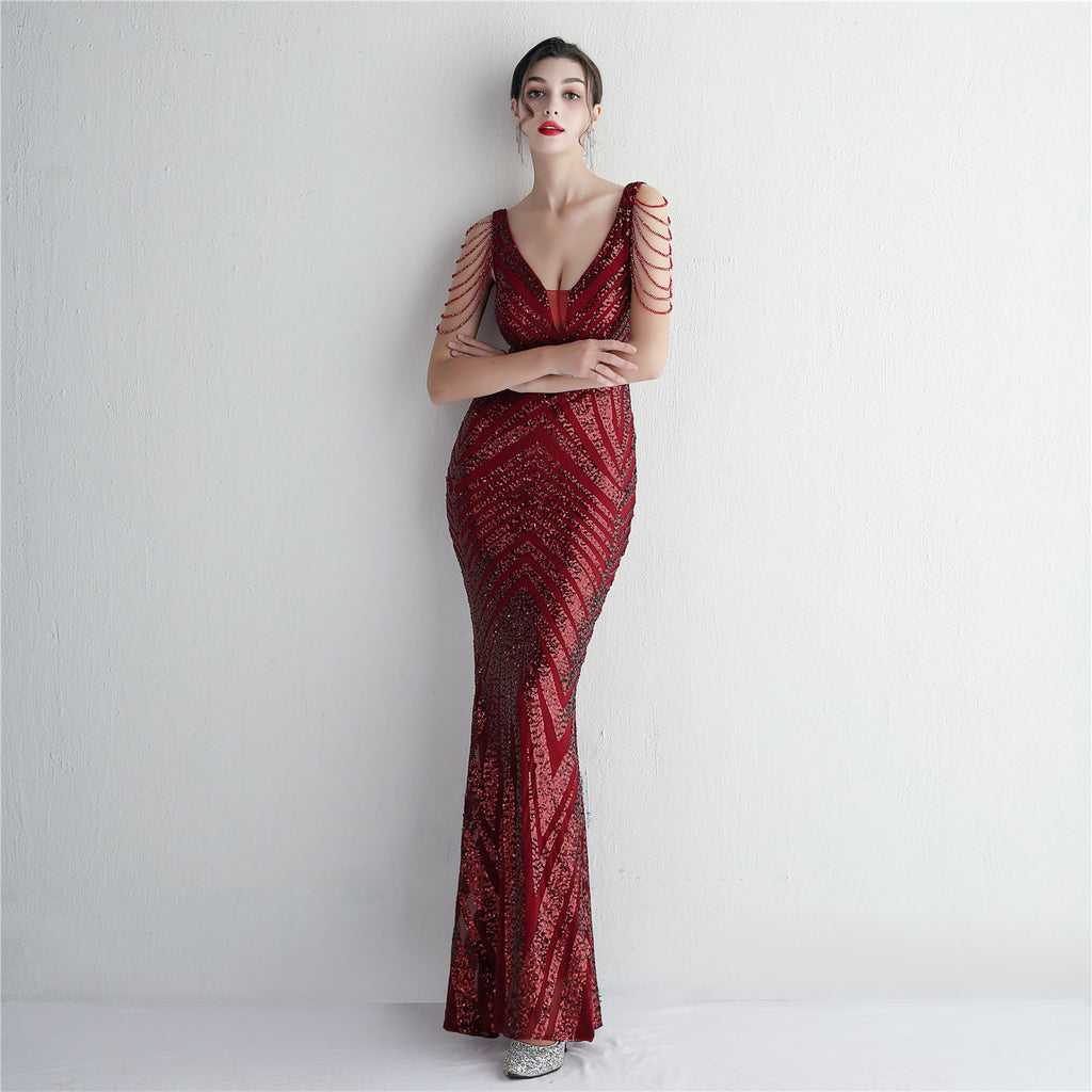 Women's Floral Beading Party Dress Long Banquet Slim Fit Evening Dress