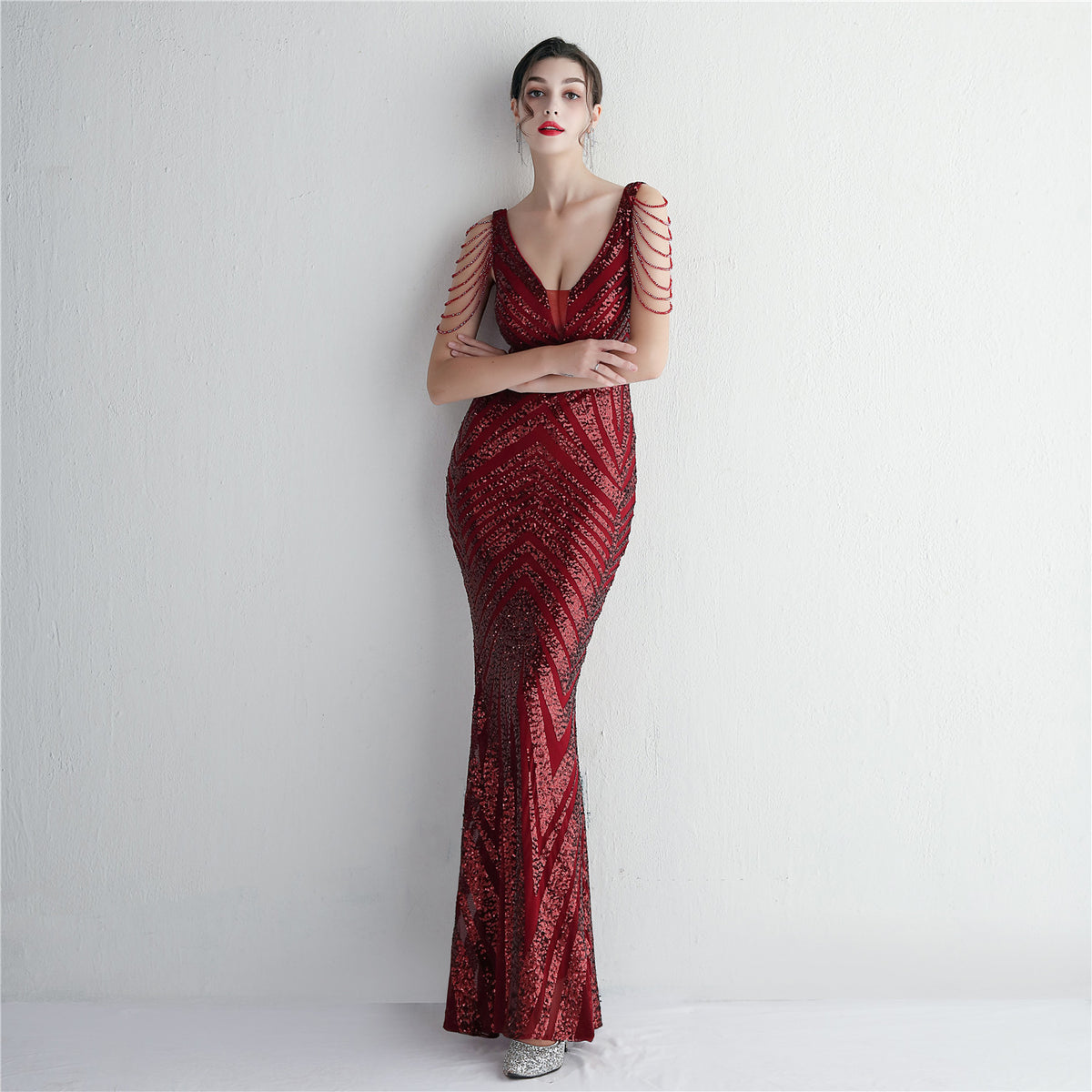 Women's Floral Beading Party Dress Long Banquet Slim Fit Evening Dress