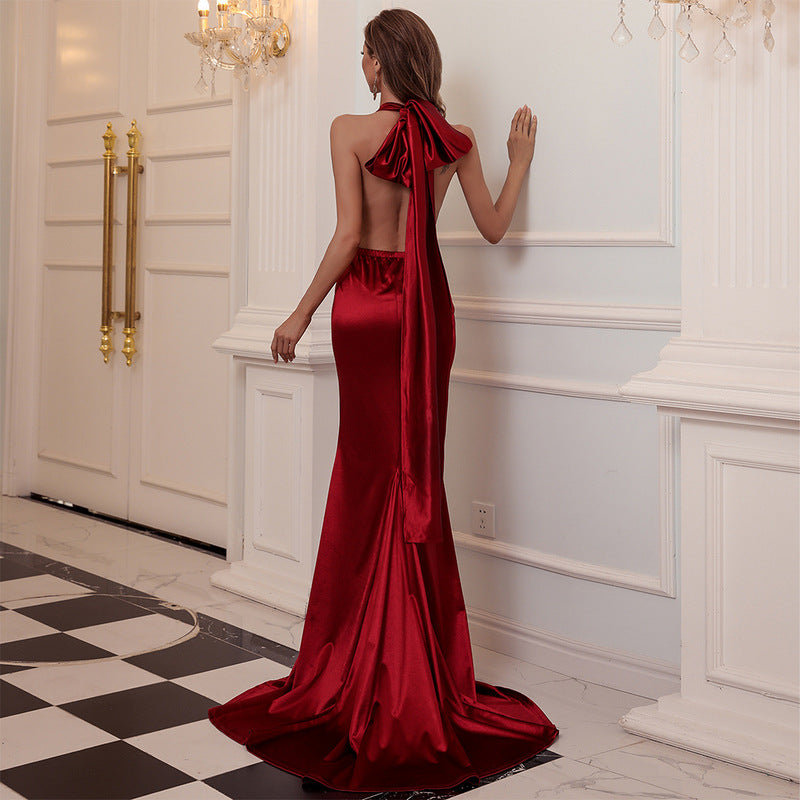 Women's Backless V-Neck Lace-Up Evening Maxi Dress