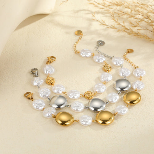 Stainless Steel French Entry Lux Shaped Pearl Metal round Bracelet Women Niche Design Ornament