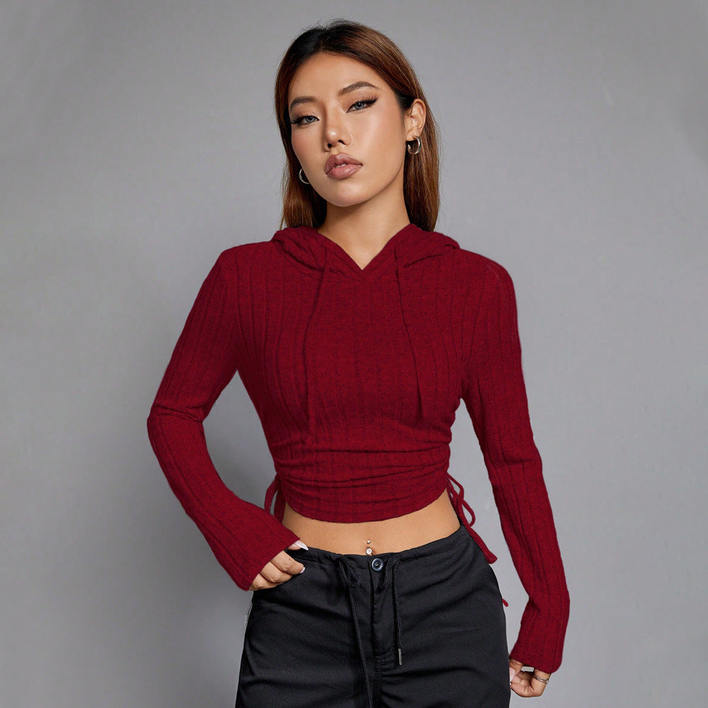 Women's All Match T Shirt Slim Wine Red Short Hood Top
