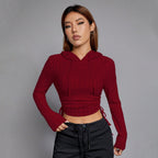 Women's All Match T Shirt Slim Wine Red Short Hood Top