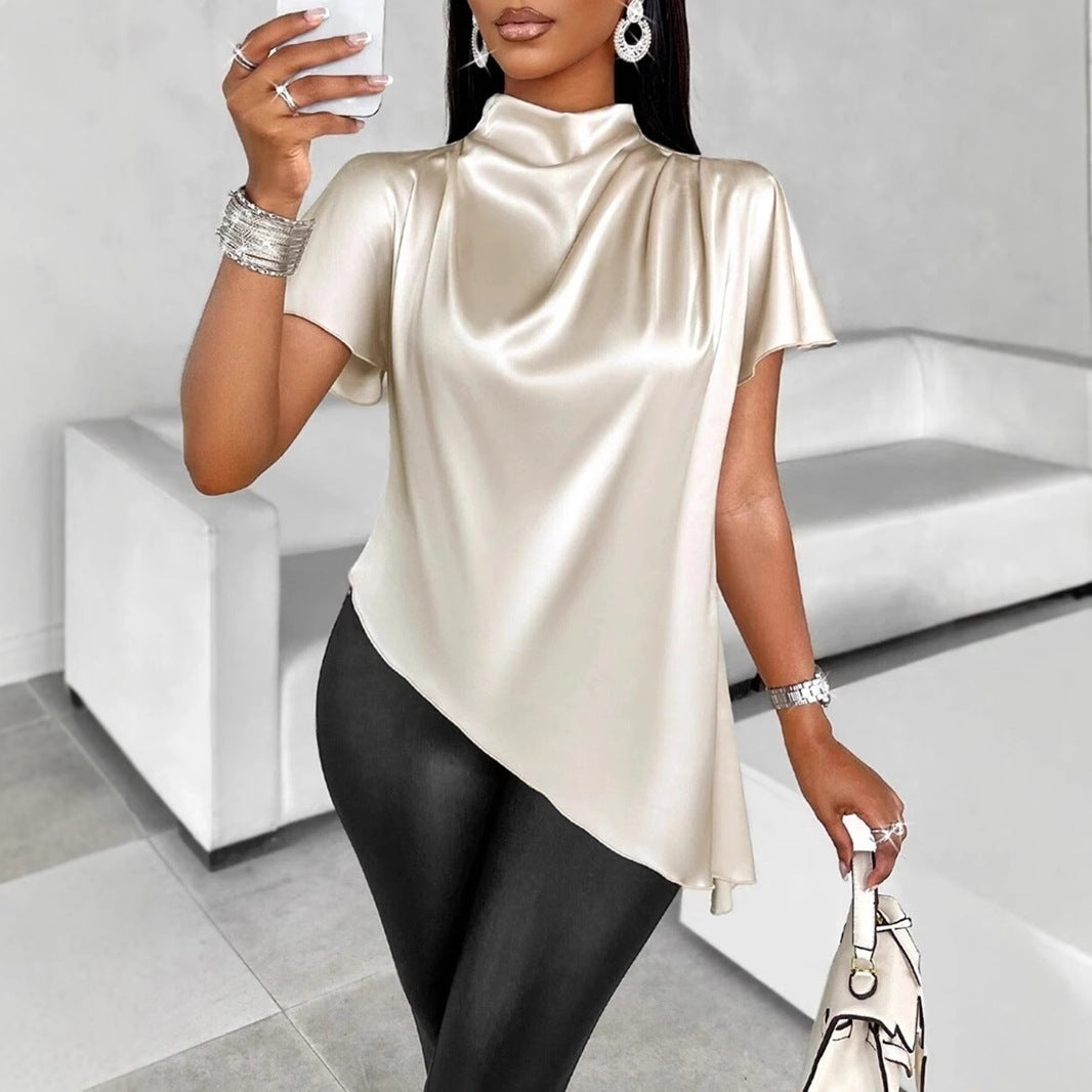 Women's Satin Batwing Sleeve Asymmetric Top