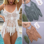 White crochet one-piece swimsuit with fringe tassels, V-neck front detail