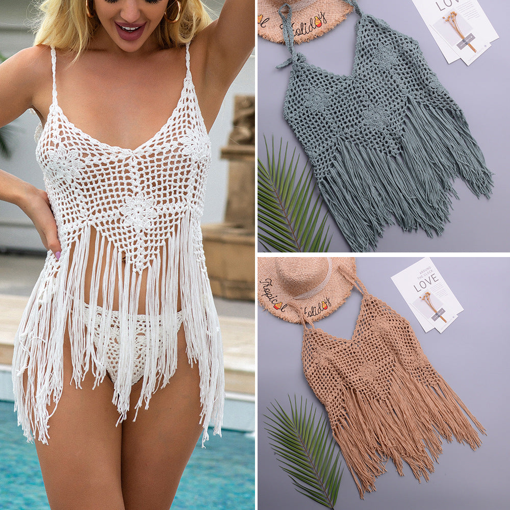 White crochet one-piece swimsuit with fringe tassels, V-neck front detail