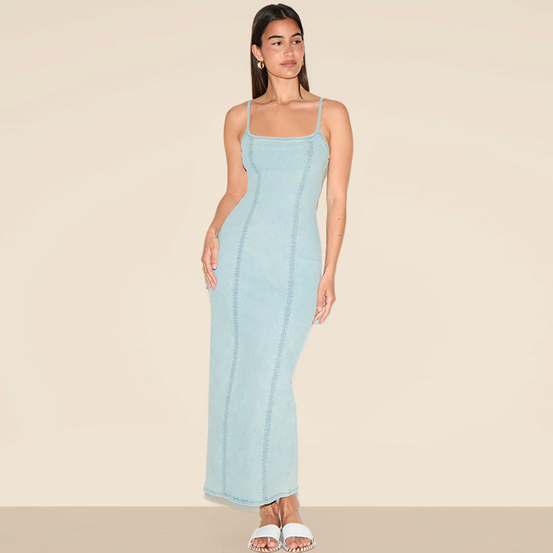 Spaghetti-Strap Denim Split Maxi Dress