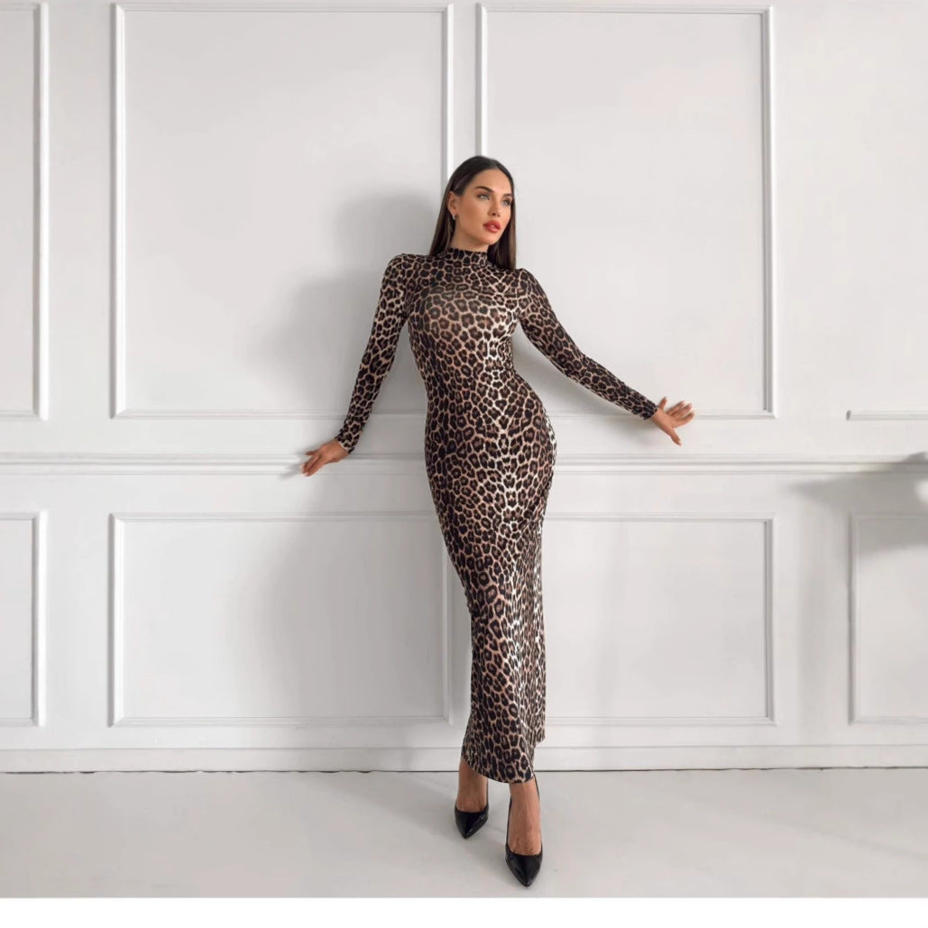 Leopard Print Stand Collar Long Sleeve Maxi Dress