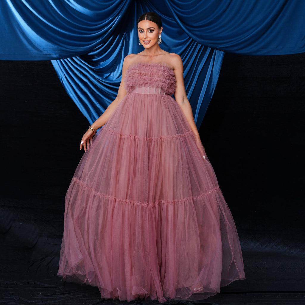 High Class Elegant Sleeveless off Neck Wrapped Chest Cocktail Mesh Large Swing Evening Dress Women