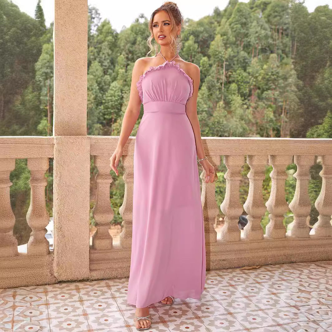 Women's Pink Deep V-Neck Backless Evening Maxi Dress
