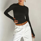 Women's Women Clothing Solid Color Bottoming Round Neck T Shirt Sexy Slim Fit Slimming Long Sleeves Top T Shirt Autumn Winter