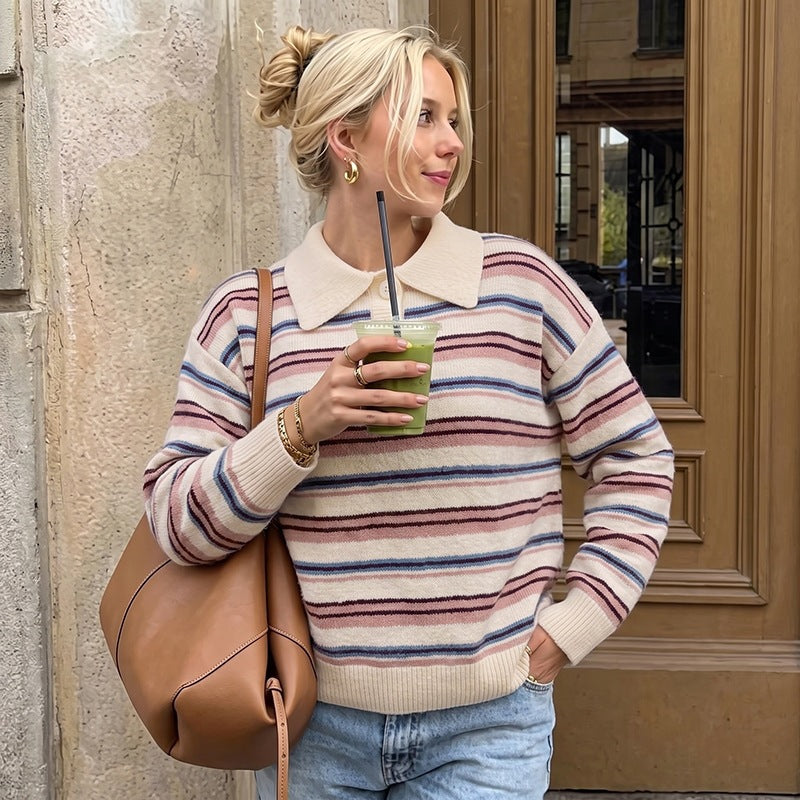 Women's Striped Collared Knit Sweater