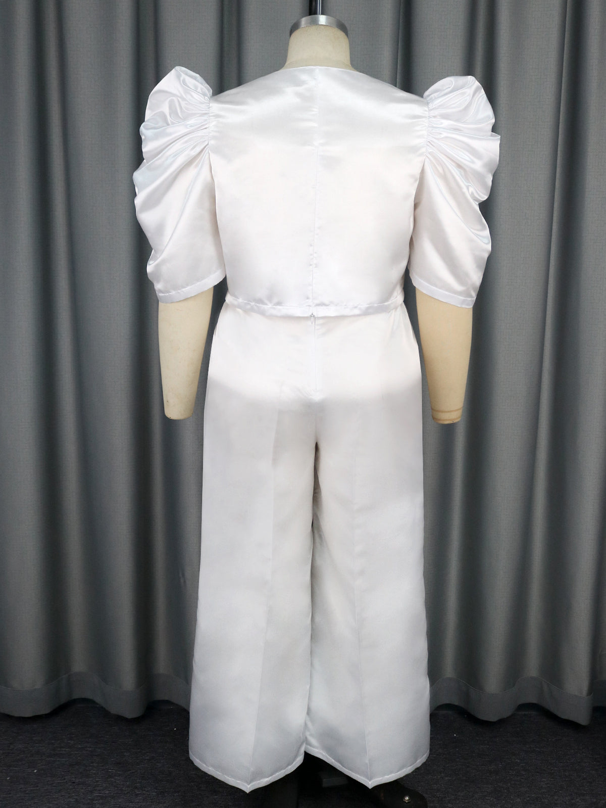 Solid Color Pleated Sleeve Half Open Collar High-Waisted All Matching Wide Leg Pants Suit Two-Piece Set