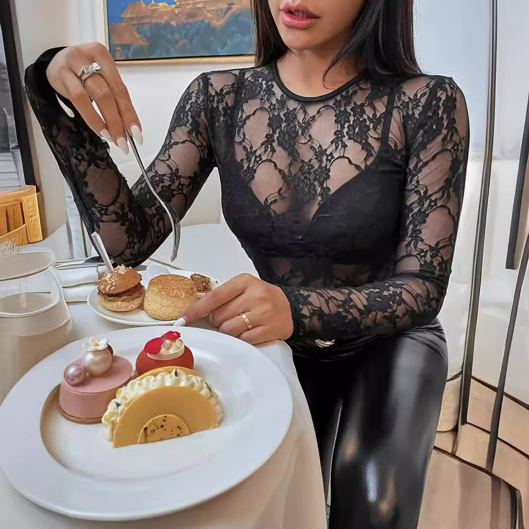 Women’s Black Lace Fitted Long Sleeve Top