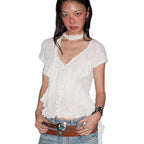 Women's Spring Summer Women Tops Retro V Neck Ribbon Lace Cardigan Short Sleeve
