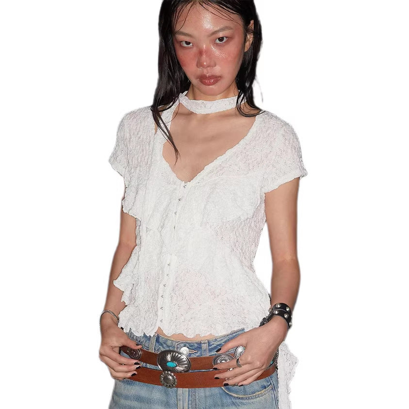 Women's Spring Summer Women Tops Retro V Neck Ribbon Lace Cardigan Short Sleeve