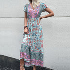 Summer Ethnic Holiday V-Neck Waist-Defined Midi Dress