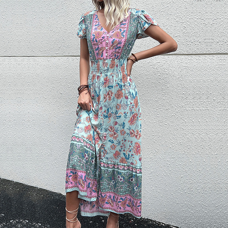 Summer Ethnic Holiday V-Neck Waist-Defined Midi Dress