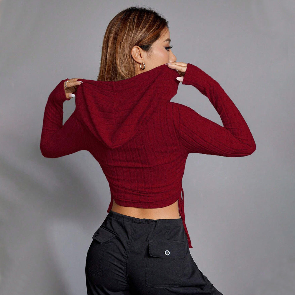 Women's All Match T Shirt Slim Wine Red Short Hood Top