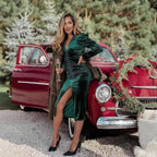 Early Velvet Christmas V Neck Slim Long Sleeve Dress