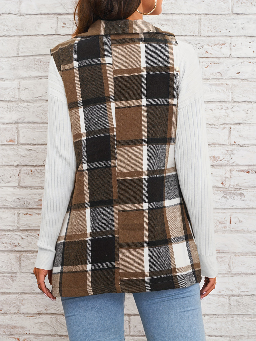Polo Collar Plaid Vest Coat