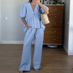 Puff-Sleeve Cardigan & Wide-Leg Pants Set