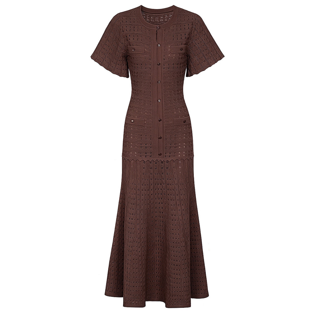 Brown maxi silk dress with short sleeves, button-front placket, and textured tiered skirt.
