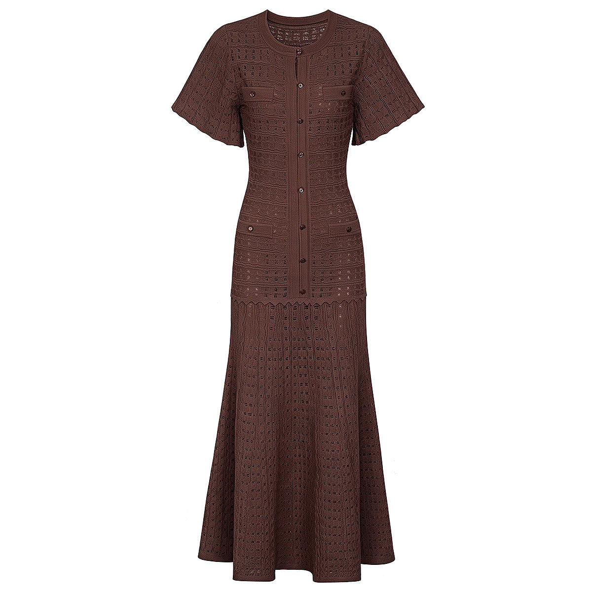 Brown maxi silk dress with short sleeves, button-front placket, and textured tiered skirt.