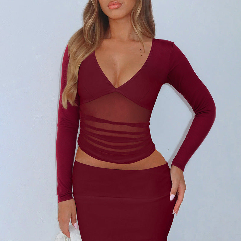 Women's Deep V Mesh Patchwork Long Sleeve Top