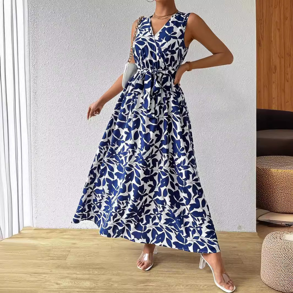 Printed V-Neck Lace-Up Maxi Dress