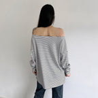 Women's Street Oblique Shoulder Striped Loose Long Sleeves Top Idle