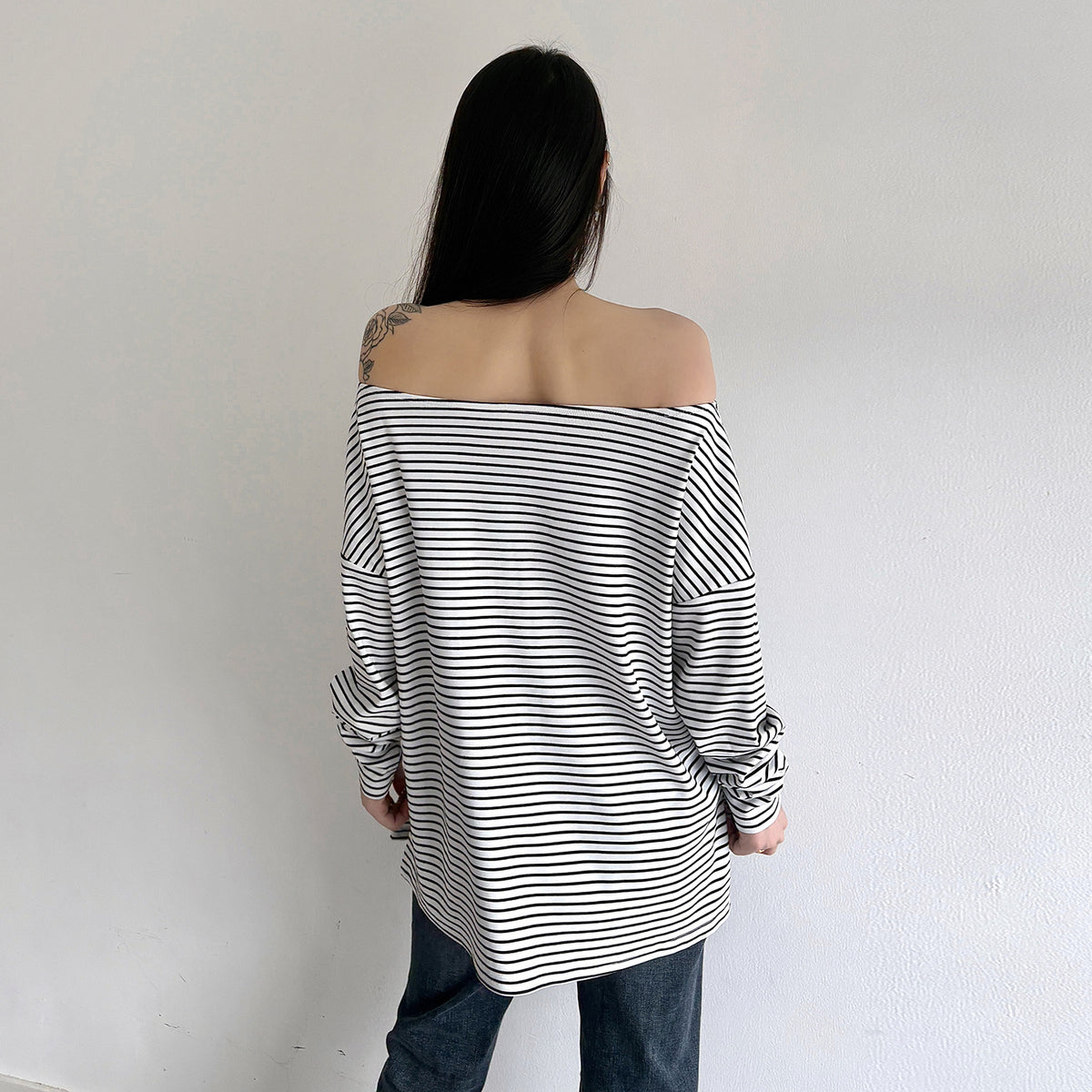 Women's Street Oblique Shoulder Striped Loose Long Sleeves Top Idle