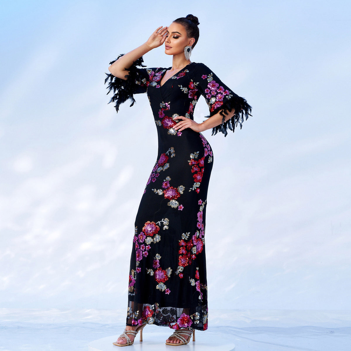 Women's Sequin V-Neck Short Sleeve Evening Maxi Dress