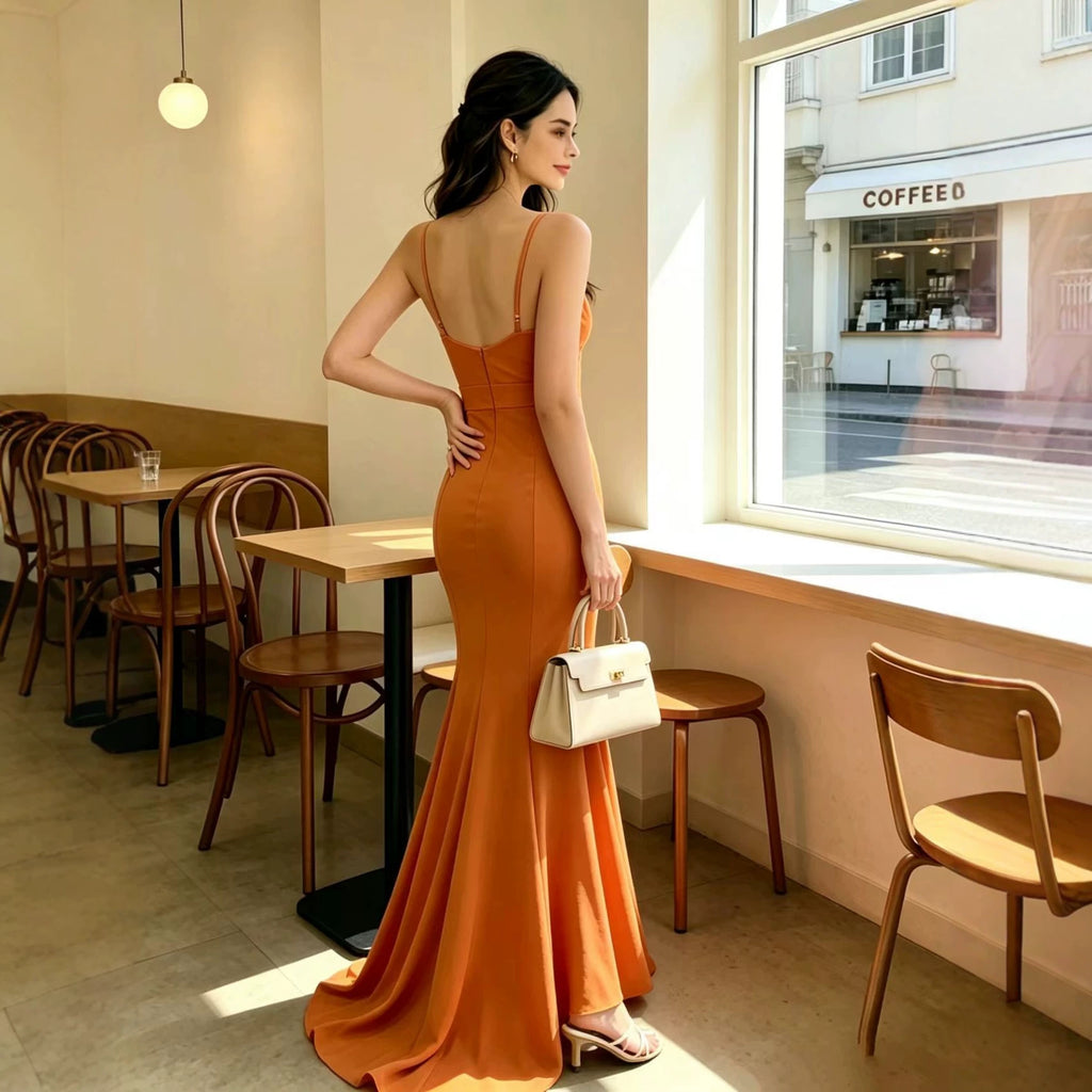 Women's Backless V-Neck Fishtail Maxi Dress