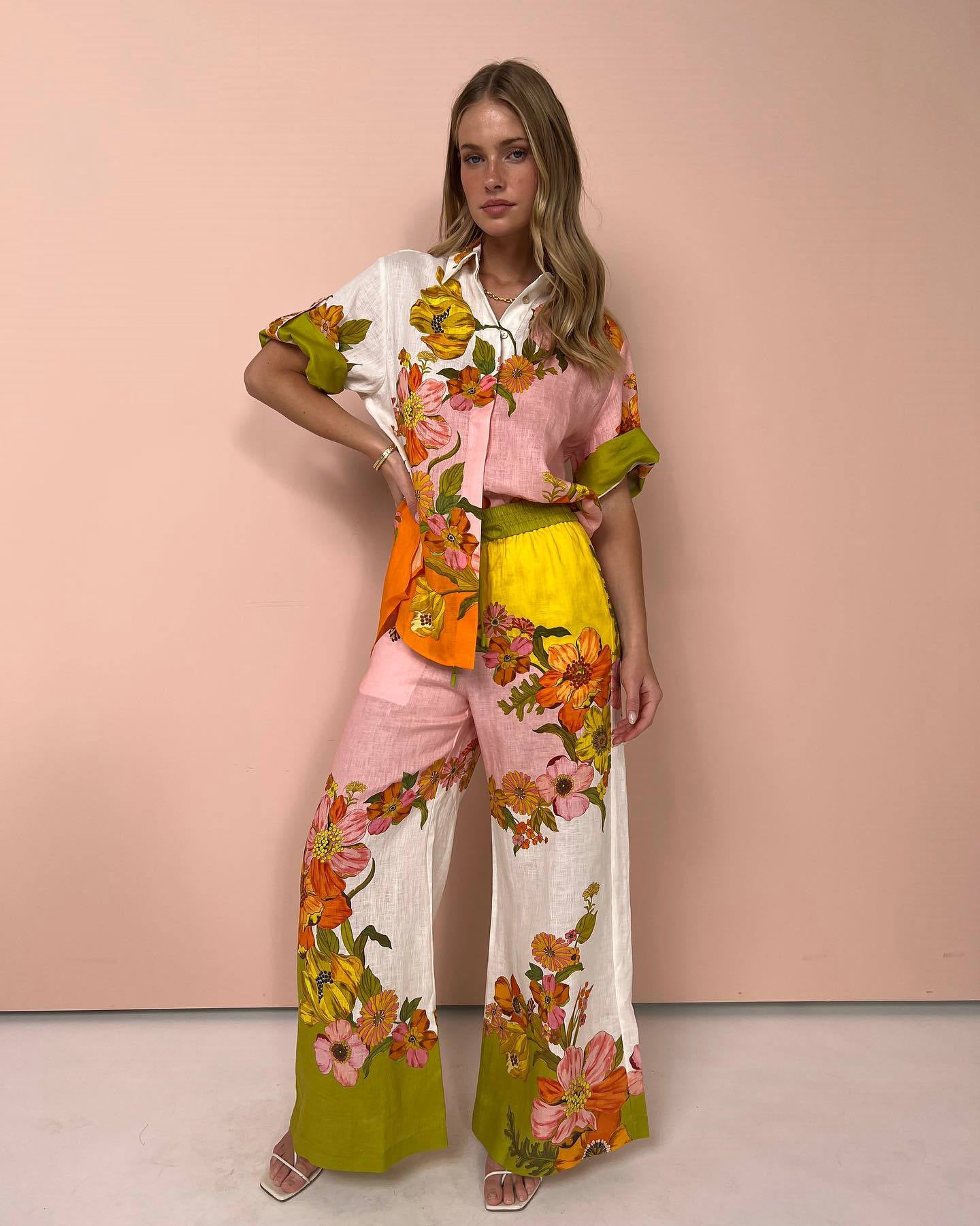 Printed Cotton Linen Two Piece Set Outfit Top Wide Leg Pants Amplified craft